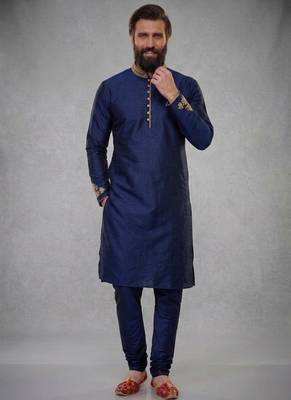 Blue embroidered dupion silk kurta pyjama 1