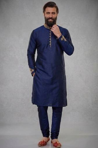 Blue embroidered dupion silk kurta pyjama