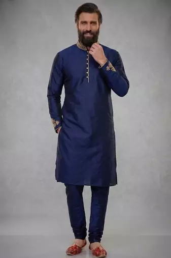 Blue embroidered dupion silk kurta pyjama