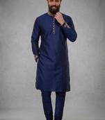 Blue embroidered dupion silk kurta pyjama