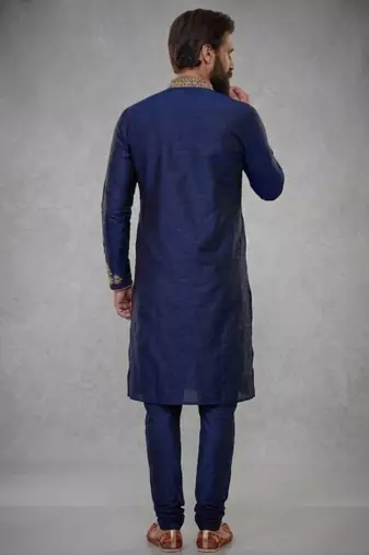 Blue embroidered dupion silk kurta pyjama