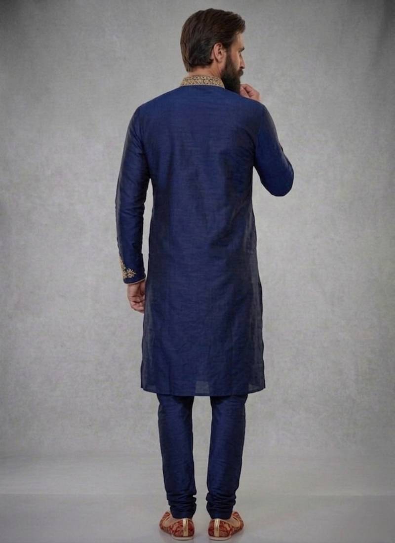 Blue embroidered dupion silk kurta pyjama