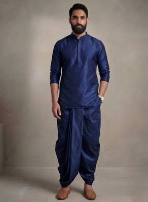 Blue dupion silk kurta dhoti 1