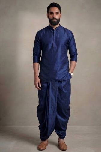 Blue dupion silk kurta dhoti
