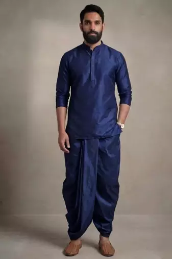 Blue dupion silk kurta dhoti