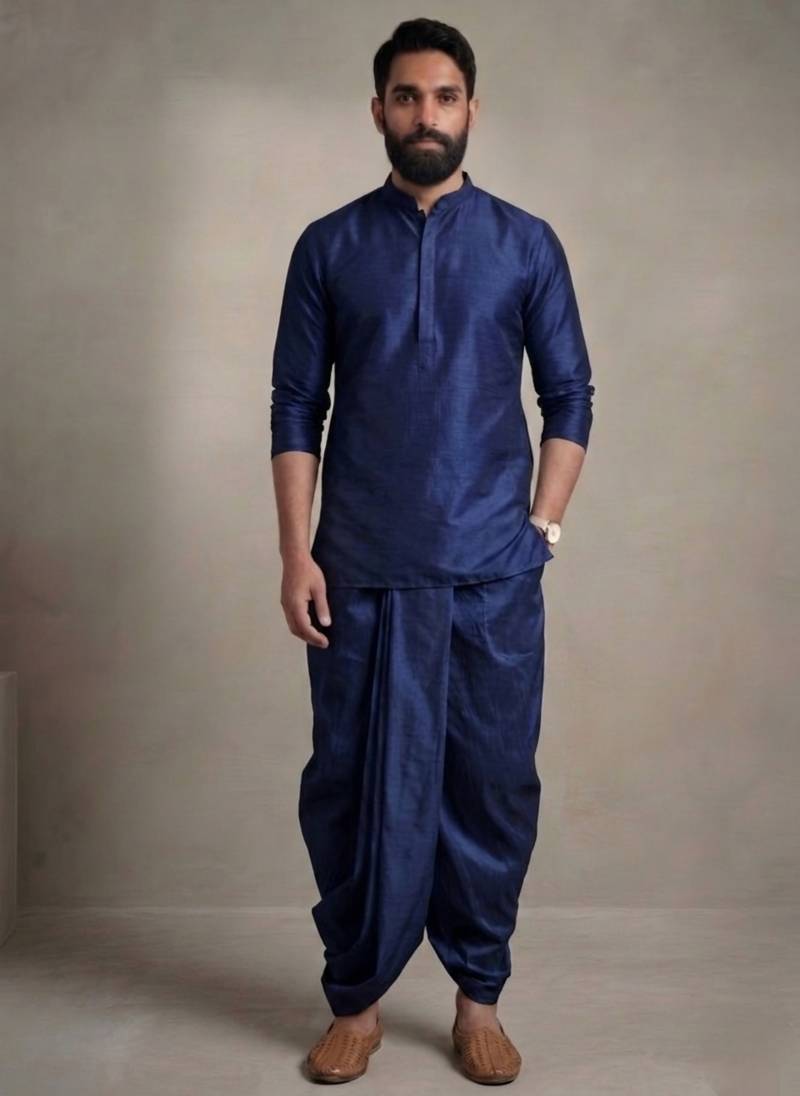 Blue dupion silk kurta dhoti