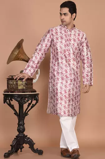 Men   s designer printed silk kurta