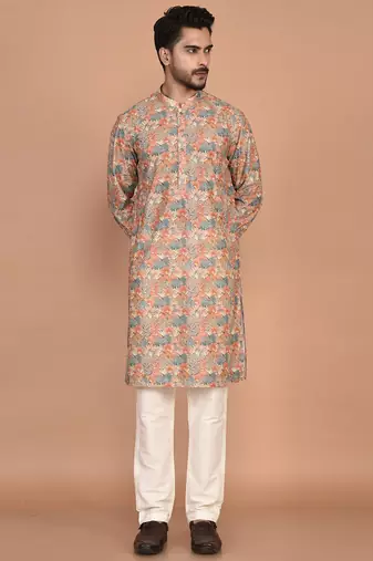 men's premium printed silk blend traditional kurta