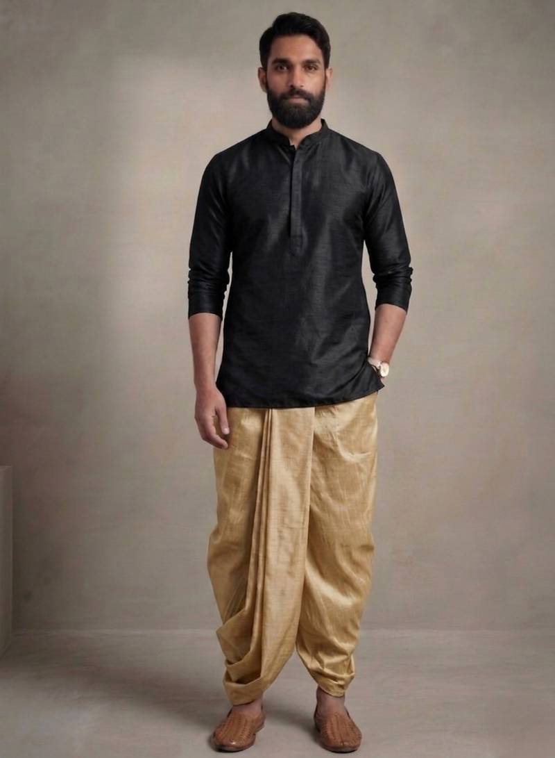 Black dupion silk kurta dhoti