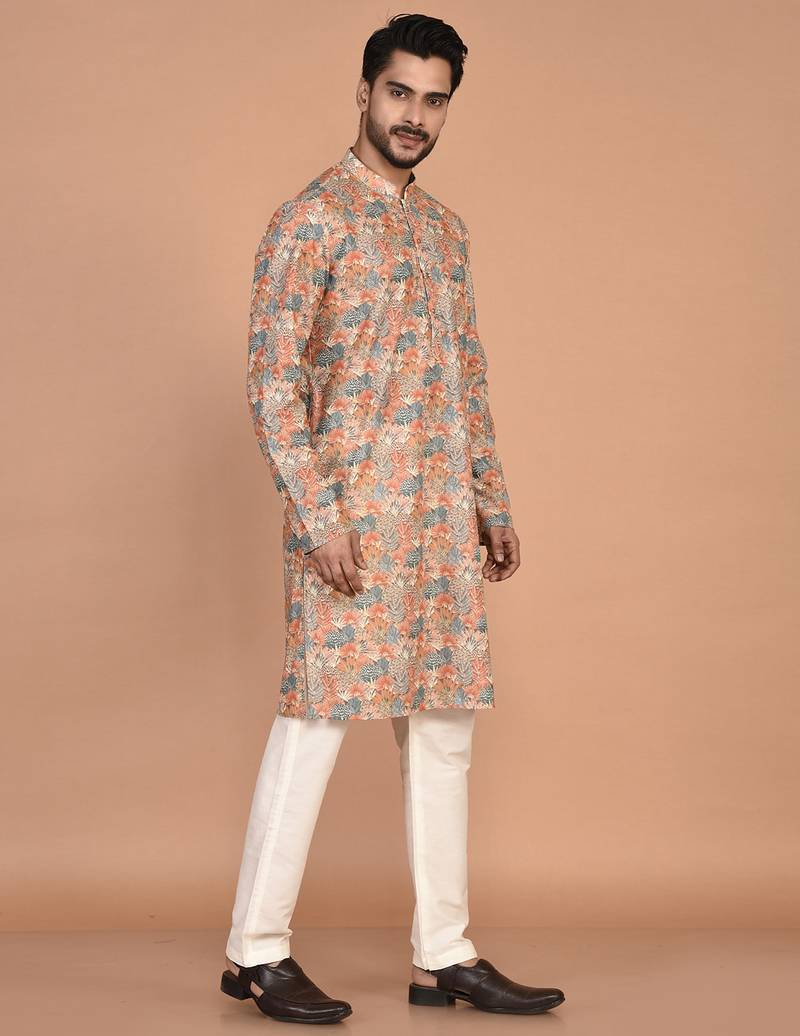 men's premium printed silk blend traditional kurta