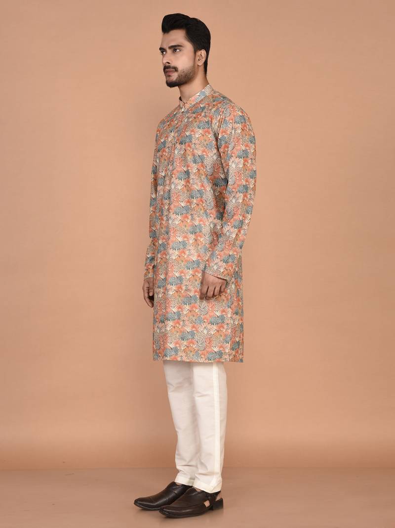 men's premium printed silk blend traditional kurta