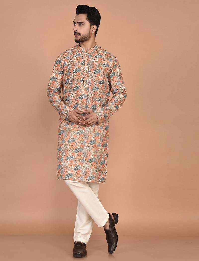 men's premium printed silk blend traditional kurta