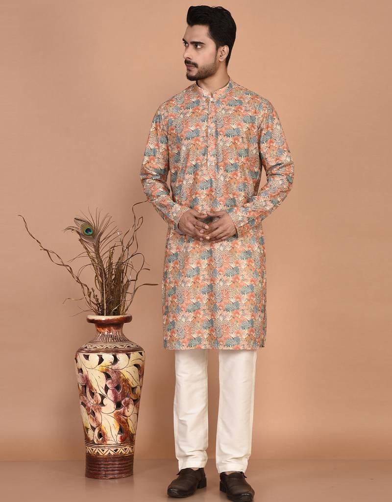 men's premium printed silk blend traditional kurta