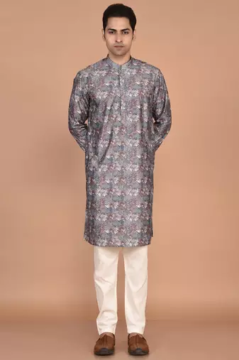 men's premium printed silk blend traditional kurta