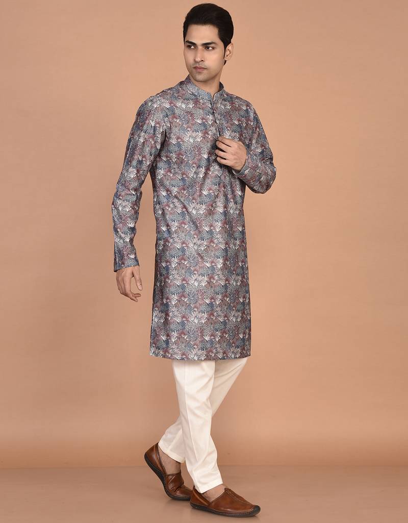 men's premium printed silk blend traditional kurta