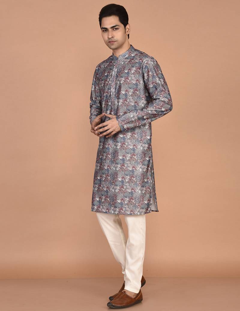 men's premium printed silk blend traditional kurta