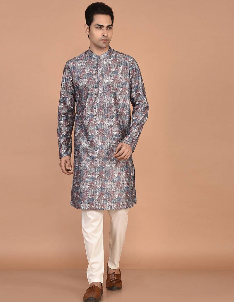 men's premium printed silk blend traditional kurta