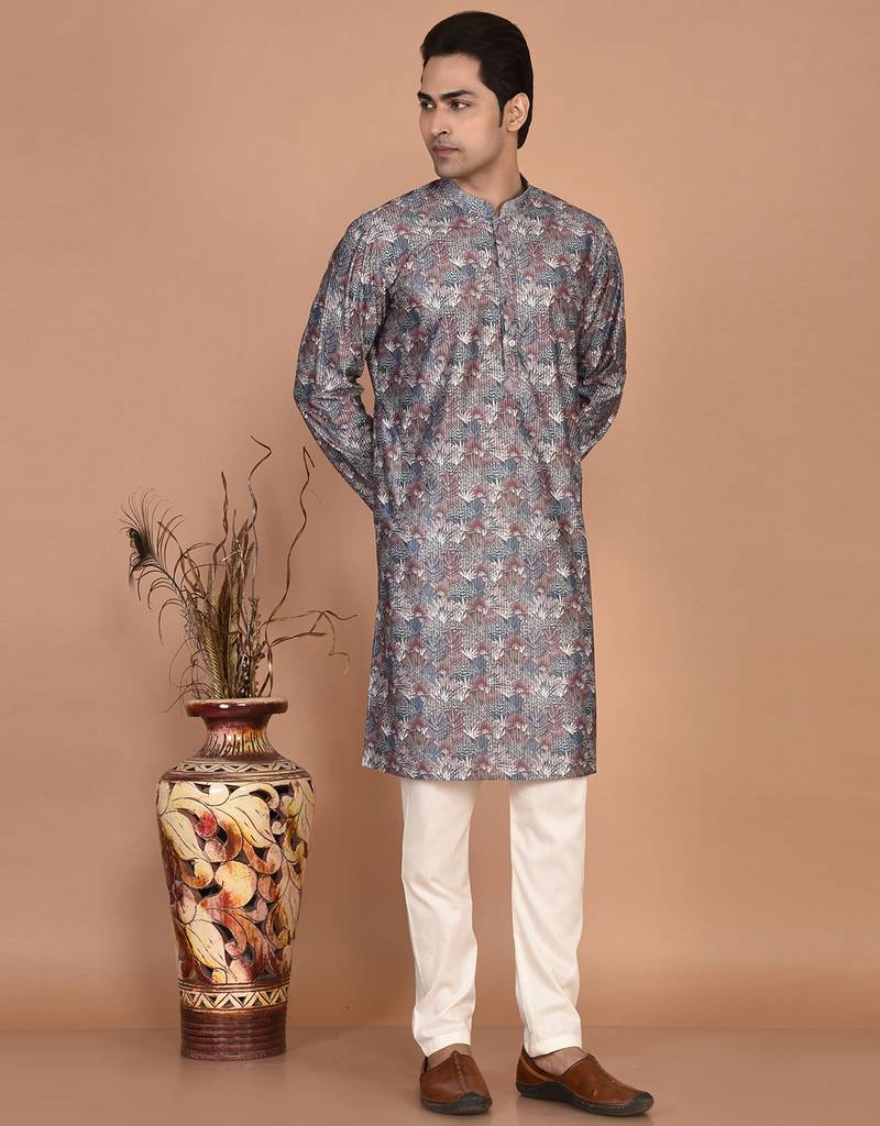men's premium printed silk blend traditional kurta