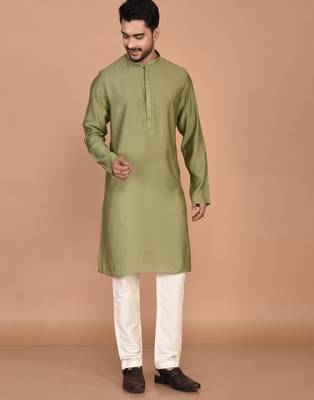 Men's solid silk straight kurta 4
