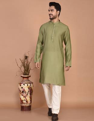 Men's solid silk straight kurta 5