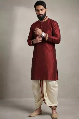 Maroon dupion silk kurta dhoti