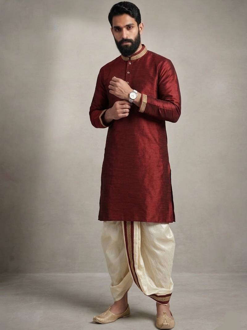 Maroon dupion silk kurta dhoti
