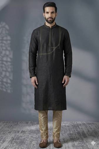 Black embroidered dupion silk kurta pyjama