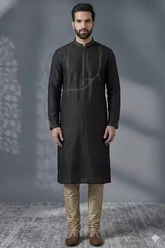 Black embroidered dupion silk kurta pyjama