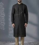 Black embroidered dupion silk kurta pyjama