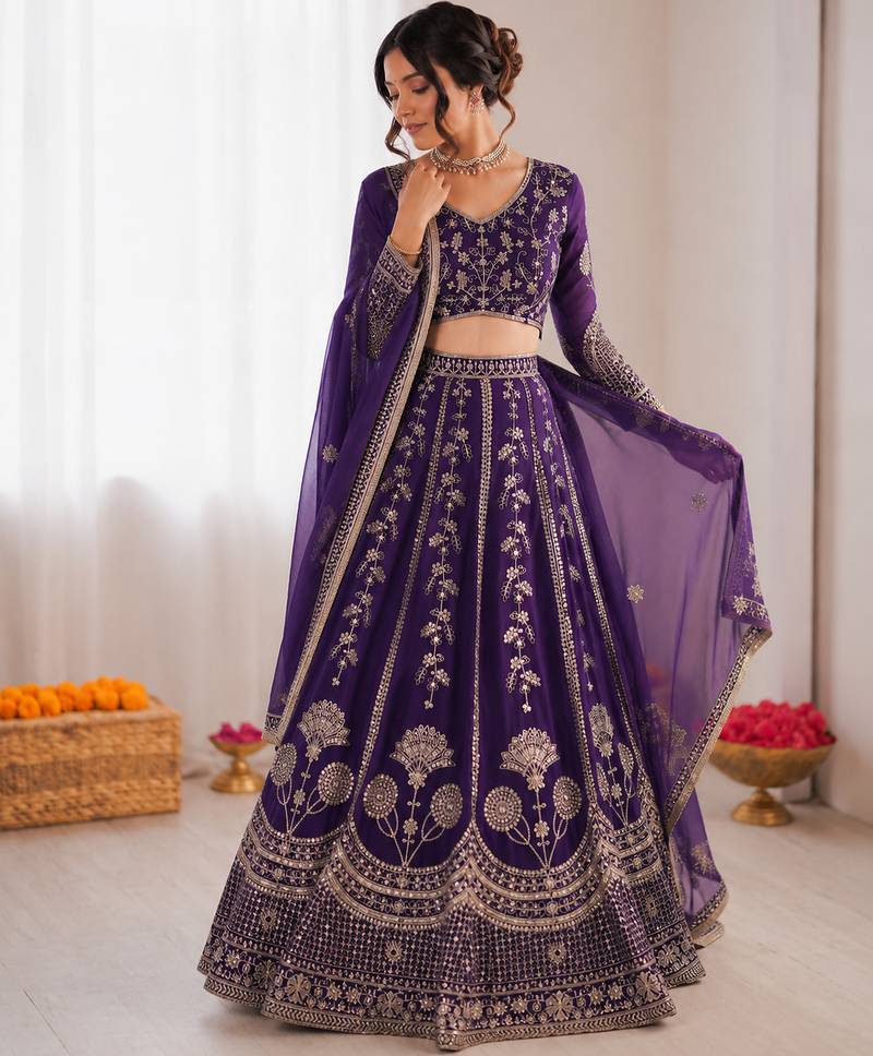 royal purple georgette thread sequin lehenga choli set