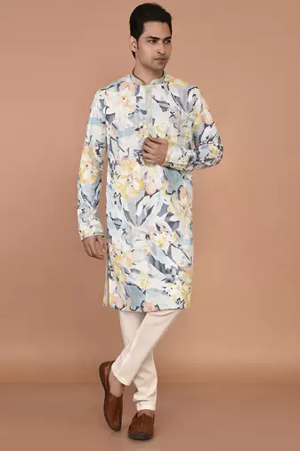 Men's silk blend printed kurta with mandarin collar