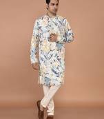 Men's silk blend printed kurta with mandarin collar