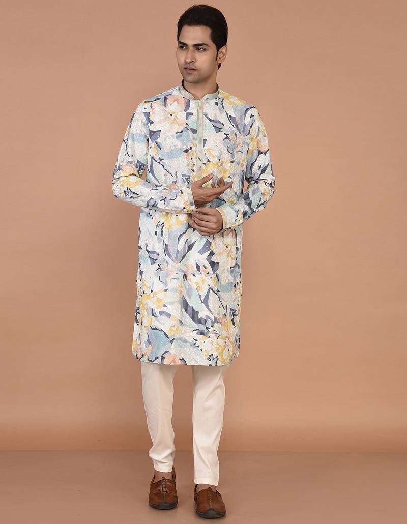 Men's silk blend printed kurta with mandarin collar