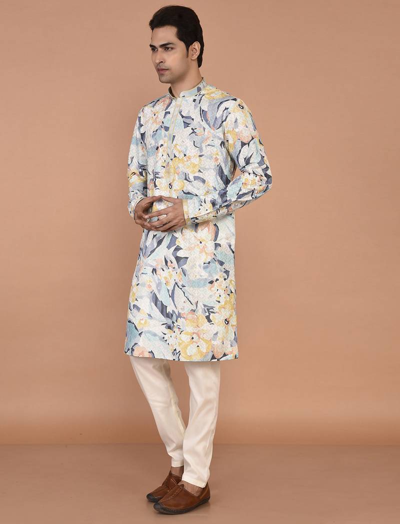 Men's silk blend printed kurta with mandarin collar