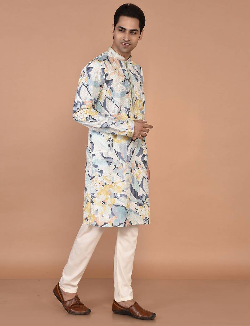 Men's silk blend printed kurta with mandarin collar