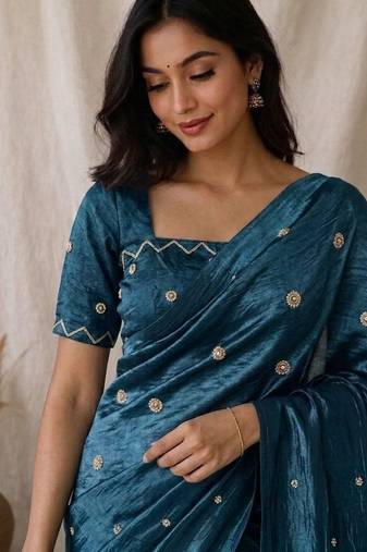 Blue Color Pearl and cutdana handwork And Silk Blend Saree