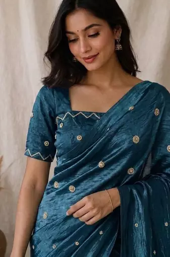 Blue Color Pearl and cutdana handwork And Silk Blend Saree