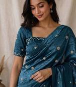 Blue Color Pearl and cutdana handwork And Silk Blend Saree