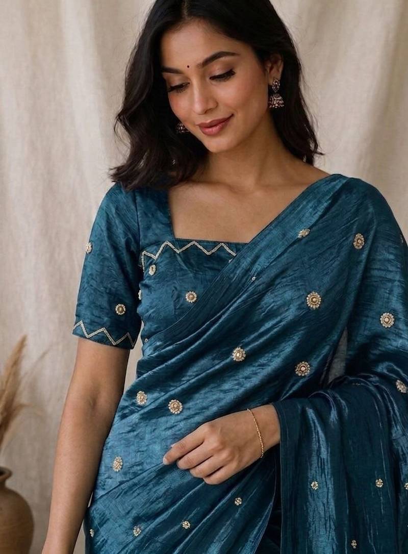 Blue Color Pearl and cutdana handwork And Silk Blend Saree