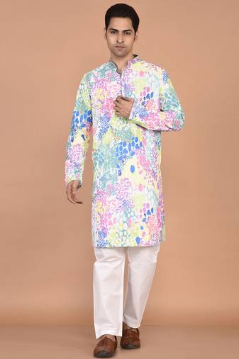Men's silk blend printed kurta with mandarin collar