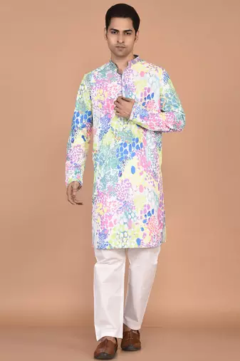 Men's silk blend printed kurta with mandarin collar