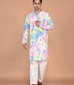 Men's silk blend printed kurta with mandarin collar