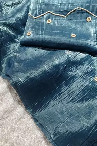 Blue Color Pearl and cutdana handwork And Silk Blend Saree
