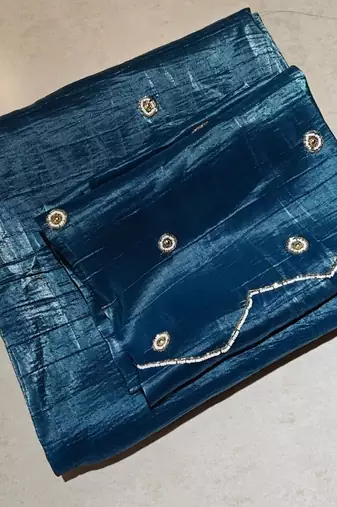 Blue Color Pearl and cutdana handwork And Silk Blend Saree