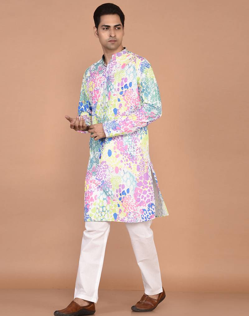 Men's silk blend printed kurta with mandarin collar