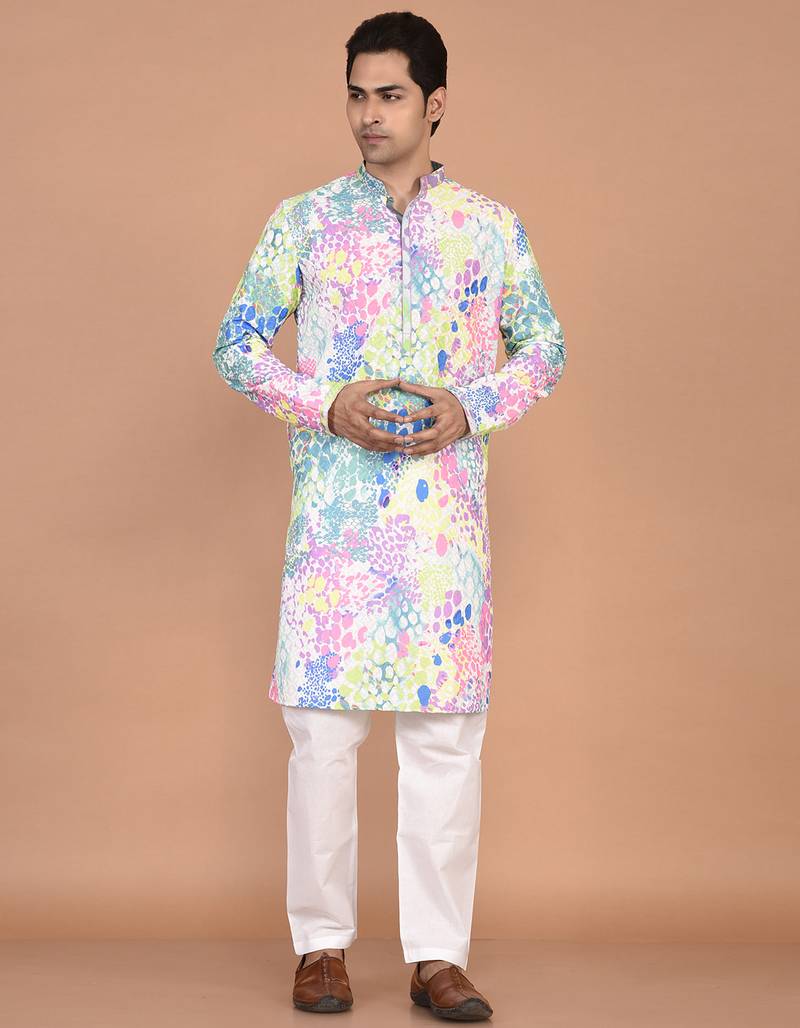 Men's silk blend printed kurta with mandarin collar