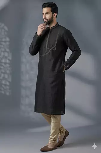 Black embroidered dupion silk kurta pyjama