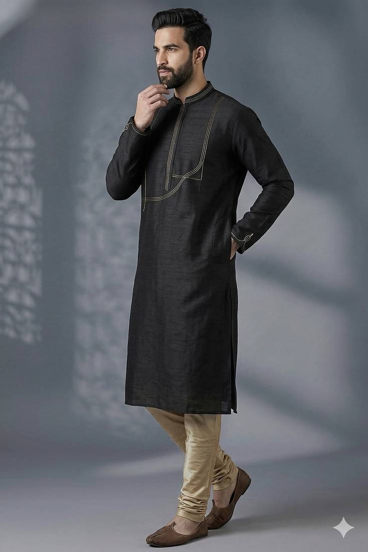Black embroidered dupion silk kurta pyjama