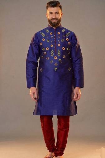 Blue embroidered dupion silk kurta pyjama