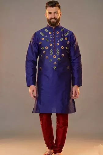 Blue embroidered dupion silk kurta pyjama